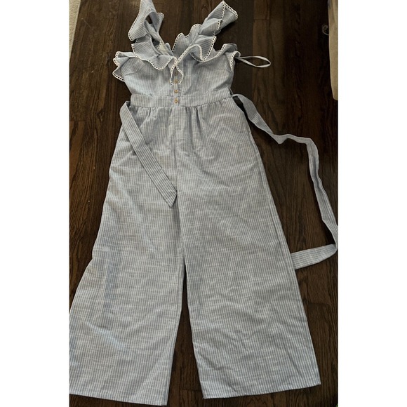 Indikah Blue White Striped Ruffle Belted Jumpsuit Australia Women Size M/L New - Picture 1 of 10
